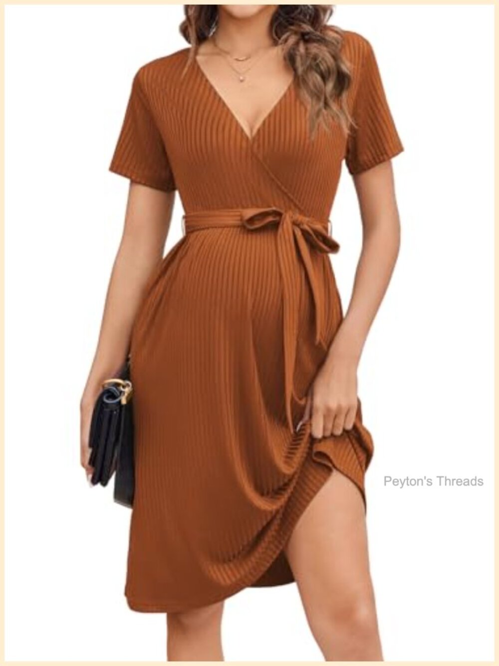 Maternity Nursing Dress Ribbed Knit V Neck Short Sleeve Breastfeeding